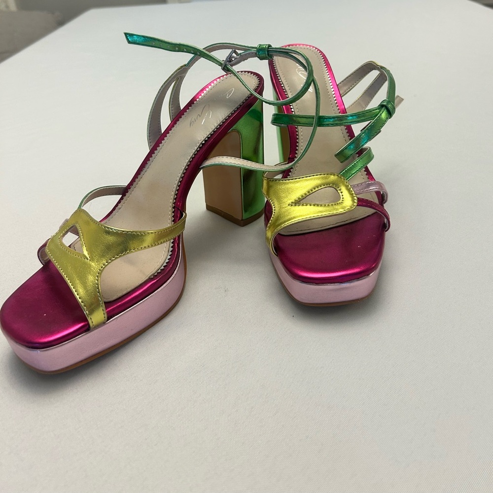 Vibrant Metallic Pink and Green Platform Heels with Chunky Heel